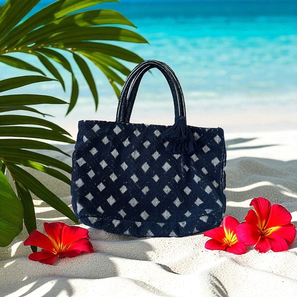 Blue and White Geometric terry Beach Tote